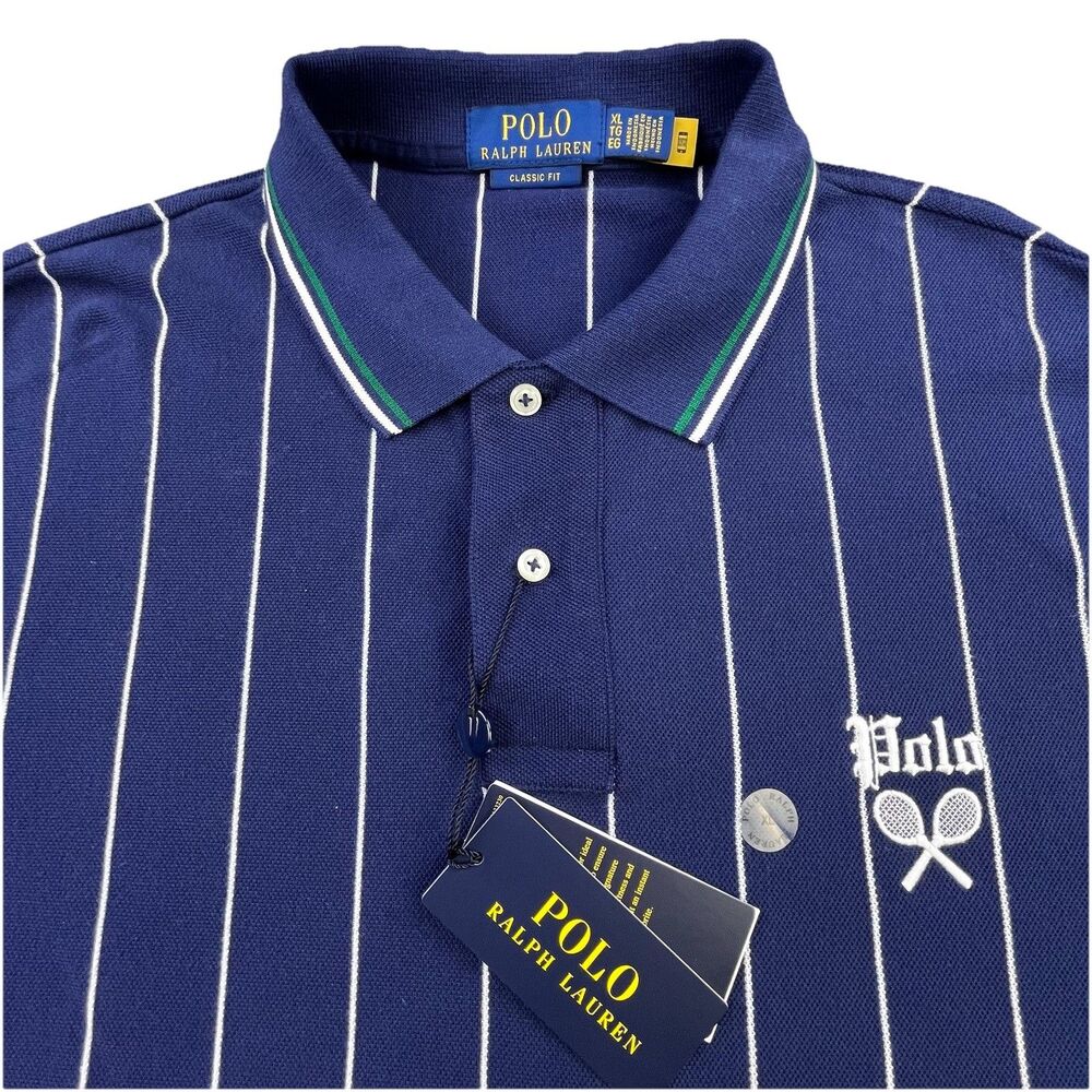 Polo Ralph Lauren Polo Shirt XL Tennis Racquet Navy Blue Stripe Classic Fit NEW